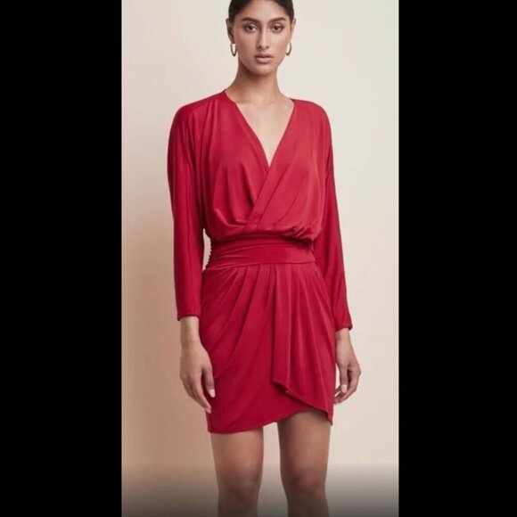 Krisa Dress Long Sleeve Red Faux Wrap Classic Solid Neutral Mini V-Neck Holiday - Picture 1 of 16